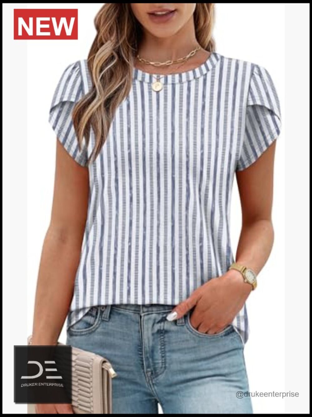 Dressy Casual Short Sleeve Blouse with Petal Sleeves Business Beach Top - Picture 2 of 7